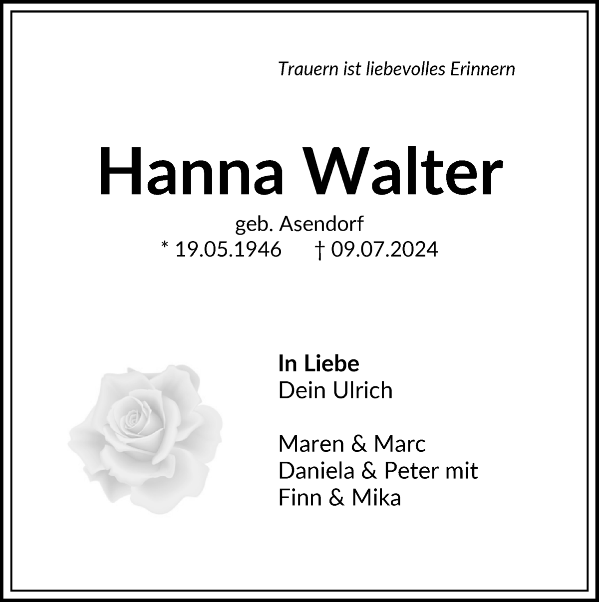 Traueranzeige von Hanna Walter von WESER-KURIER