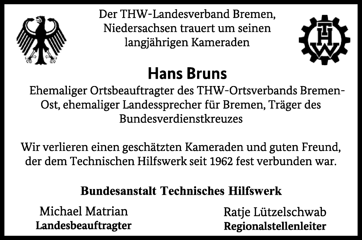 Traueranzeige von Hans Bruns von WESER-KURIER