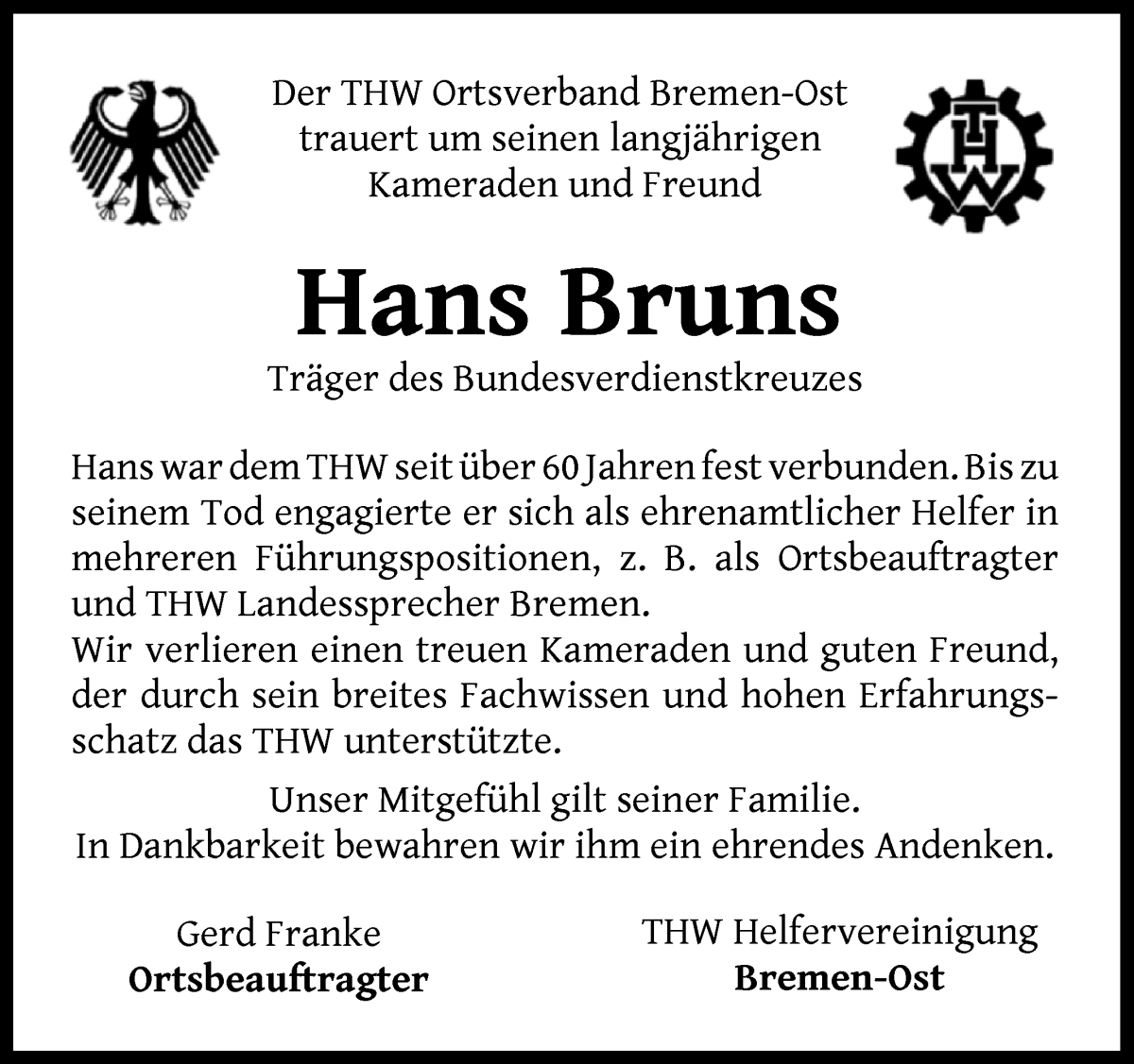 Traueranzeige von Hans Bruns von WESER-KURIER