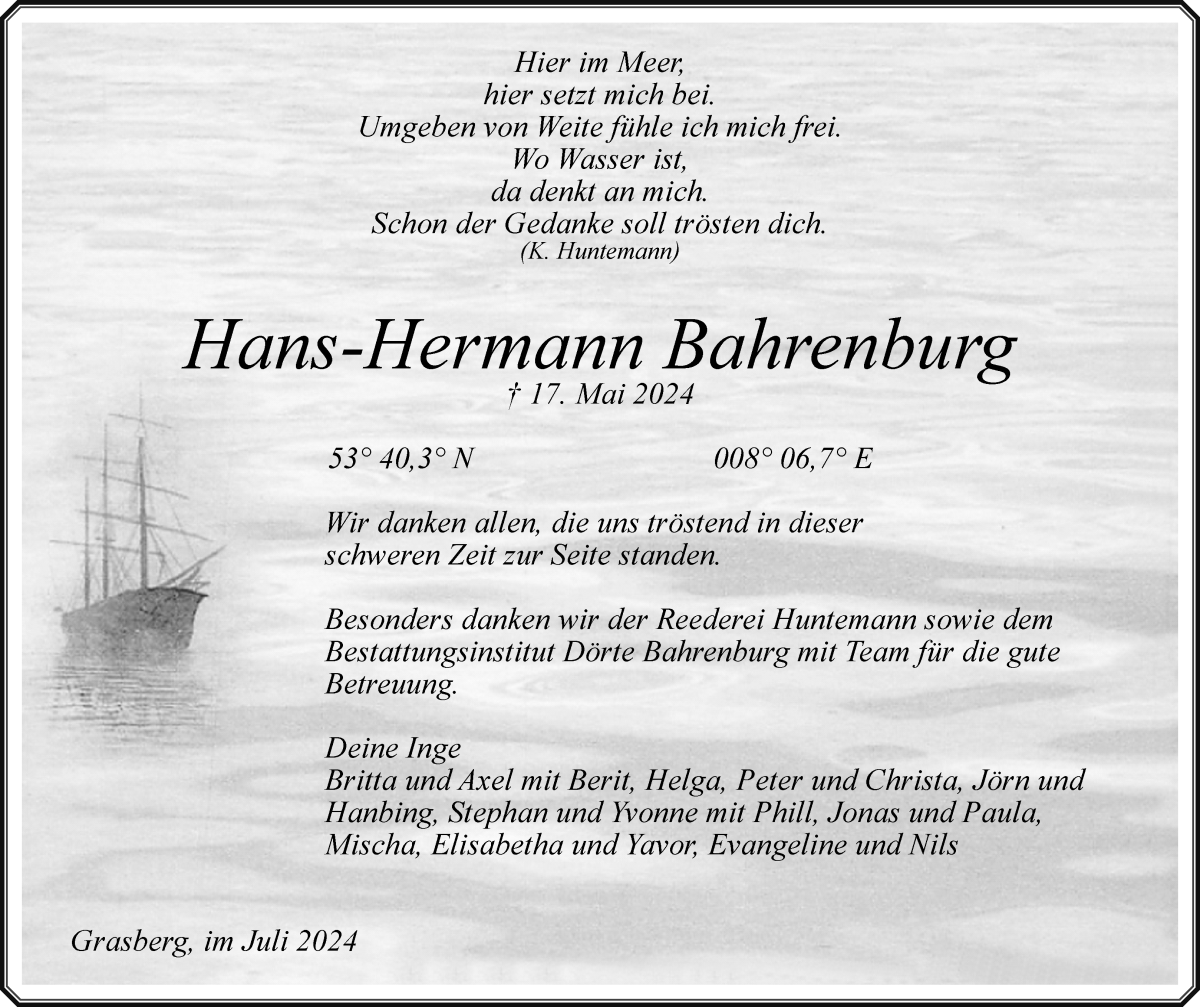 Traueranzeige von Hans-Hermann Bahrenburg von Wuemme Zeitung
