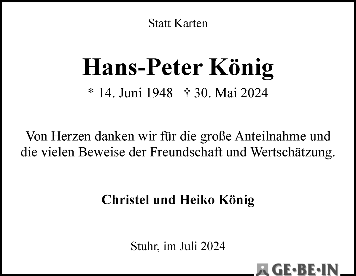 Traueranzeige von Hans-Peter König von WESER-KURIER