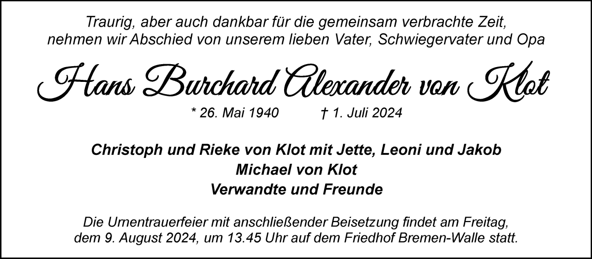Traueranzeige von Hans Burchard Alexander von Klot von WESER-KURIER
