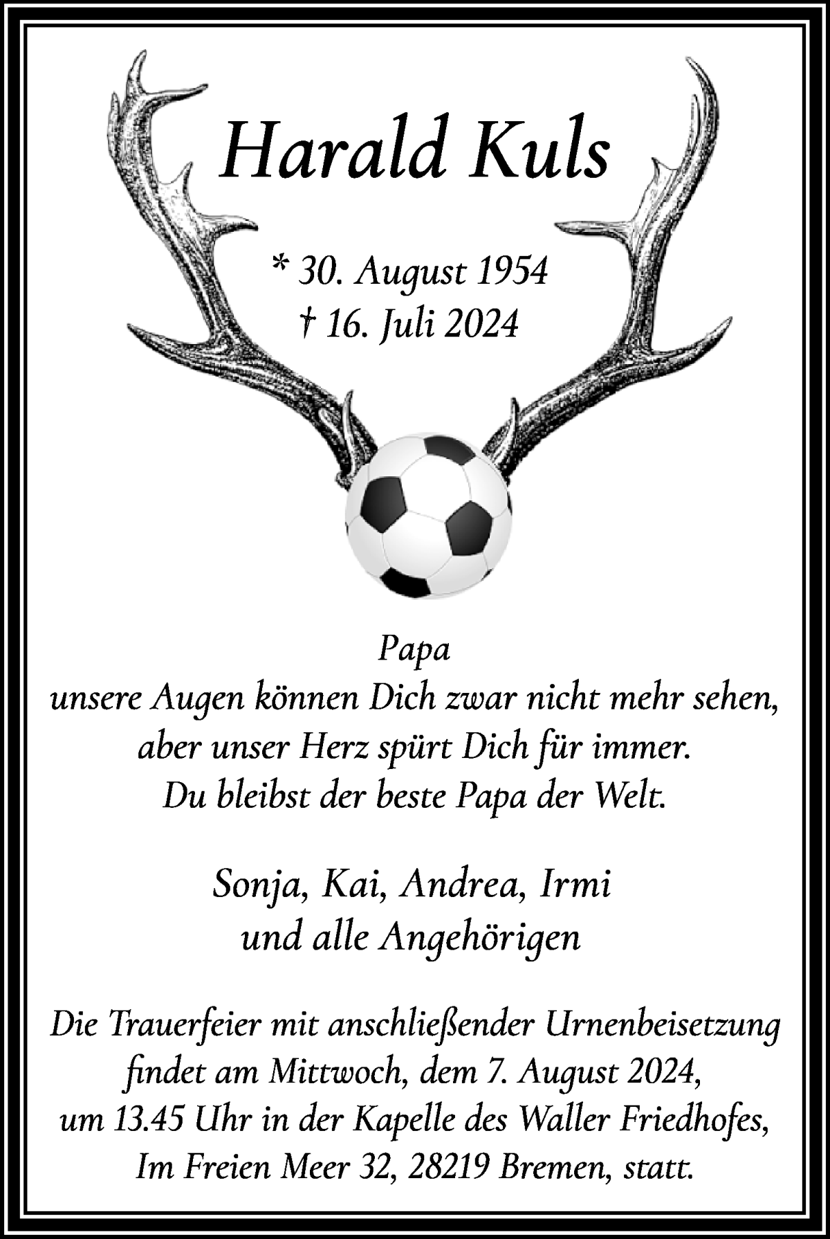 Traueranzeige von Harald Kuls von WESER-KURIER