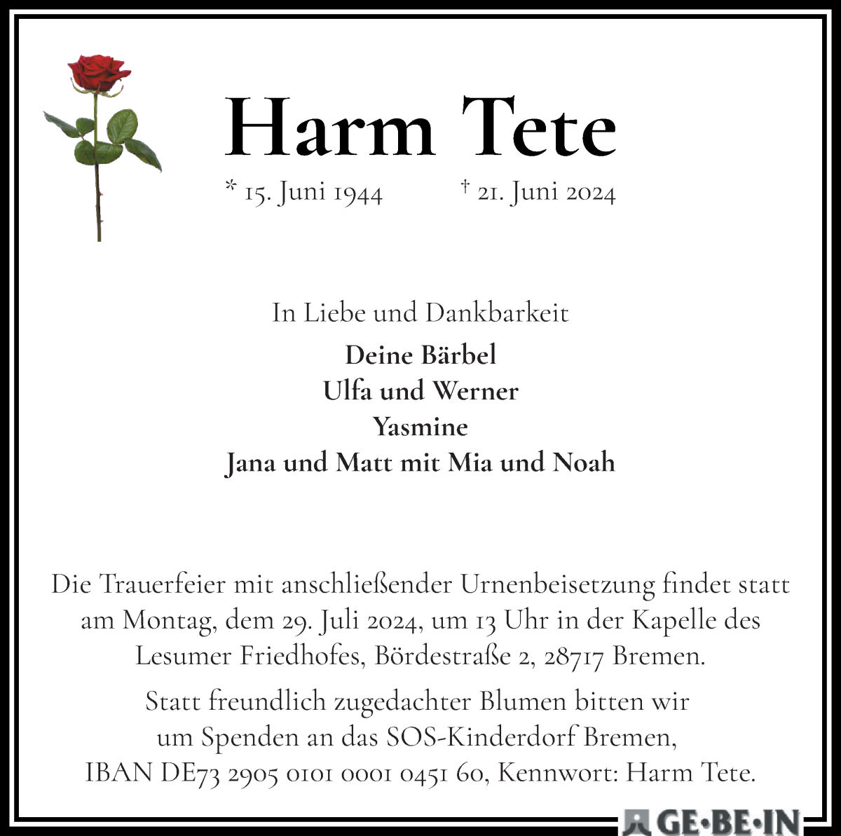 Traueranzeige von Harm Tete von WESER-KURIER