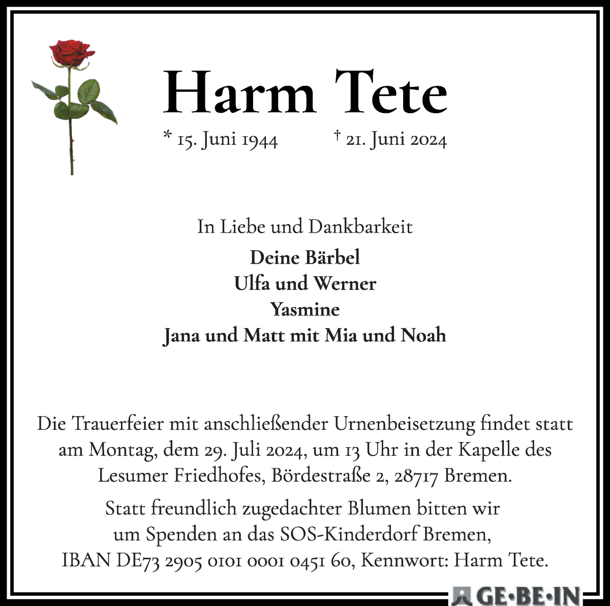 Traueranzeige von Harm Tete von Die Norddeutsche