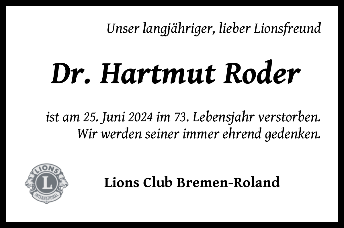 Traueranzeige von Hartmut Roder von WESER-KURIER