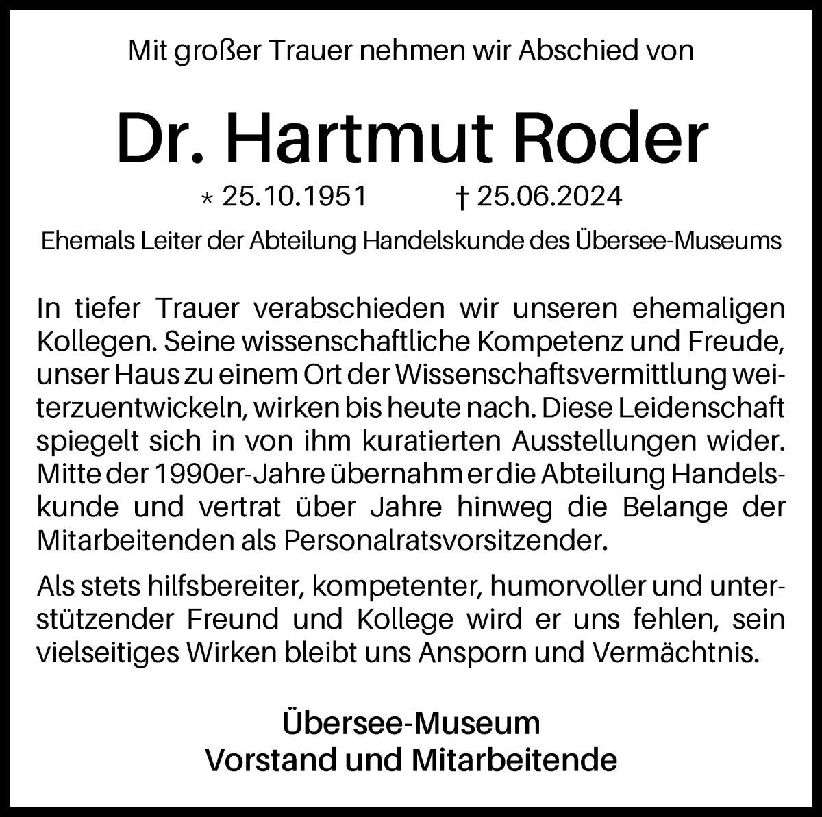 Traueranzeige von Hartmut Roder von WESER-KURIER