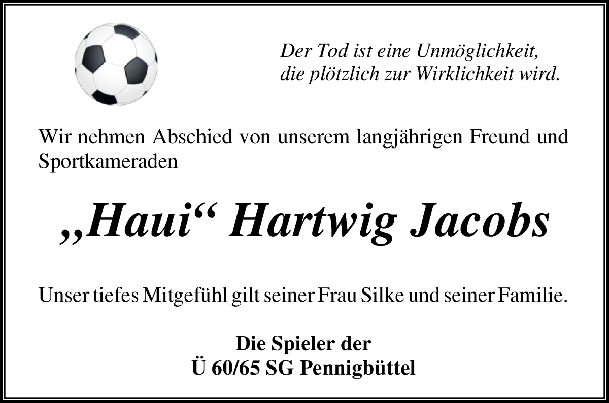 Traueranzeige von Hartwig Jacobs von Osterholzer Kreisblatt