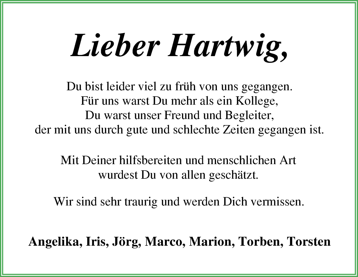Traueranzeige von Hartwig Jacobs von Osterholzer Kreisblatt
