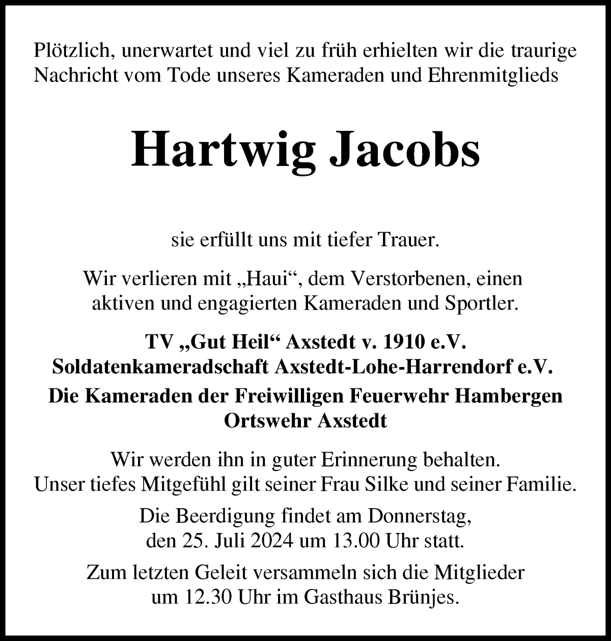 Traueranzeige von Hartwig Jacobs von Osterholzer Kreisblatt