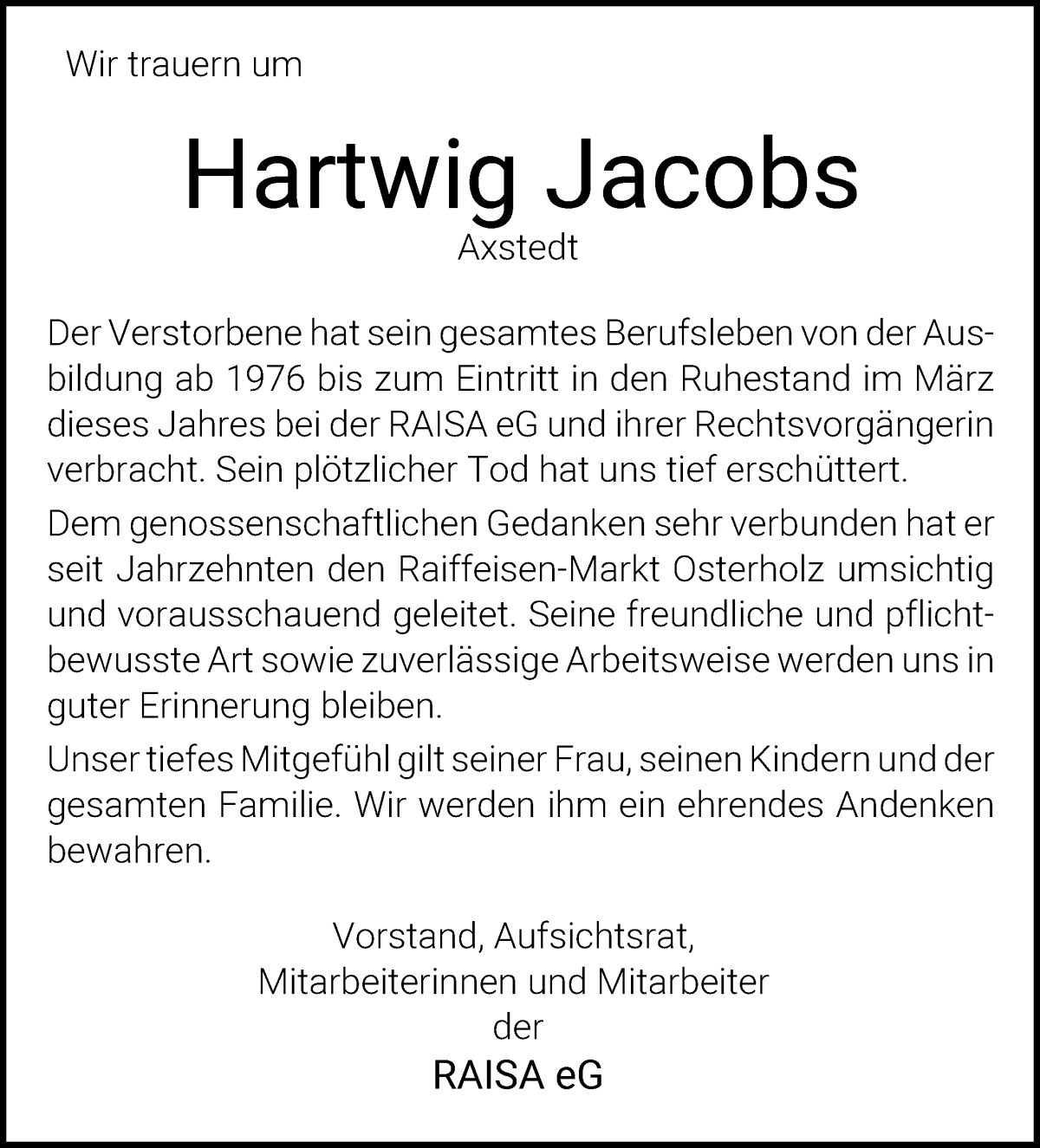 Traueranzeige von Hartwig Jacobs von Osterholzer Kreisblatt