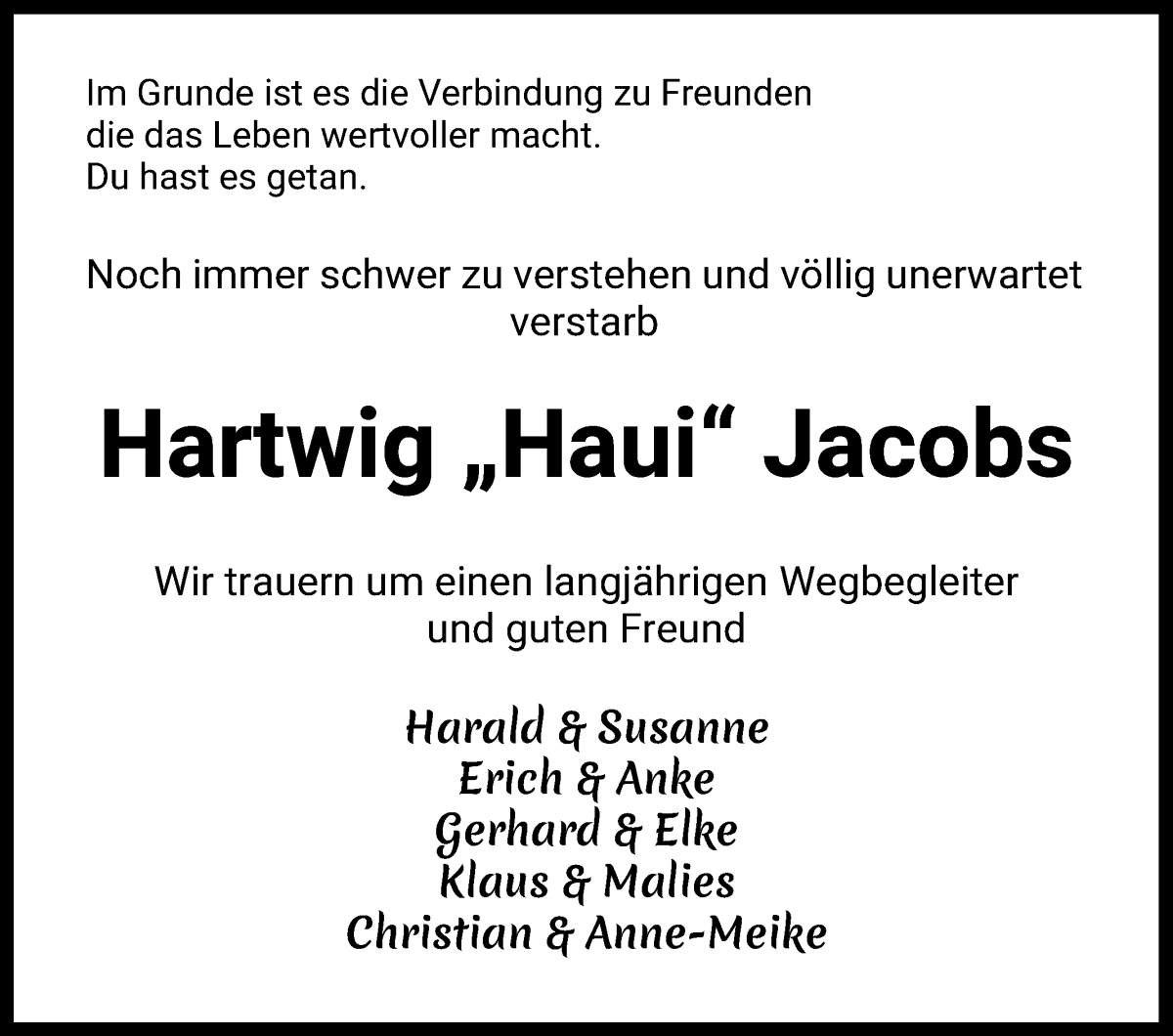 Traueranzeige von Hartwig Jacobs von Osterholzer Kreisblatt