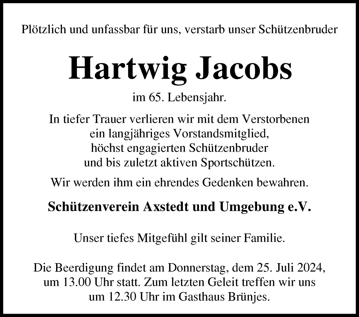 Traueranzeige von Hartwig Jacobs von Osterholzer Kreisblatt