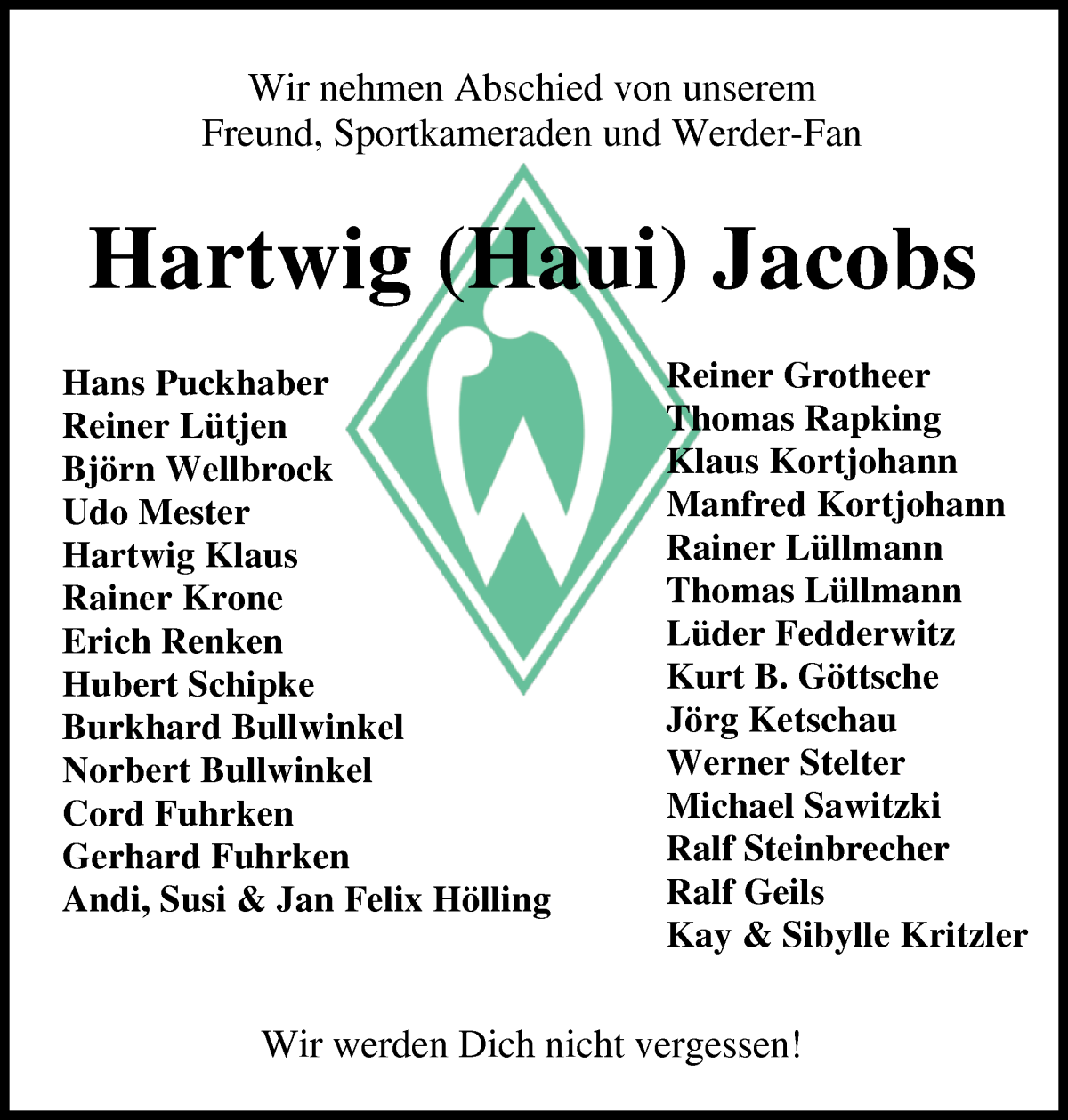 Traueranzeige von Hartwig Jacobs von Osterholzer Kreisblatt