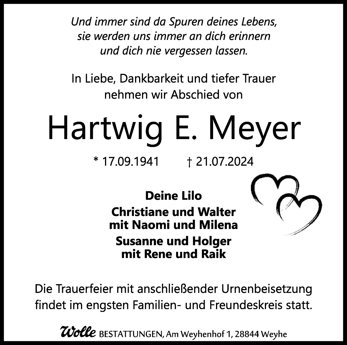 Traueranzeige von Hartwig E. Meyer von WESER-KURIER