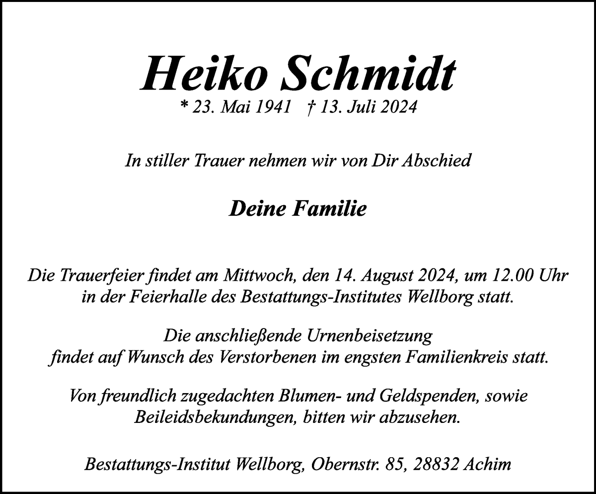 Traueranzeige von Heiko Schmidt von WESER-KURIER