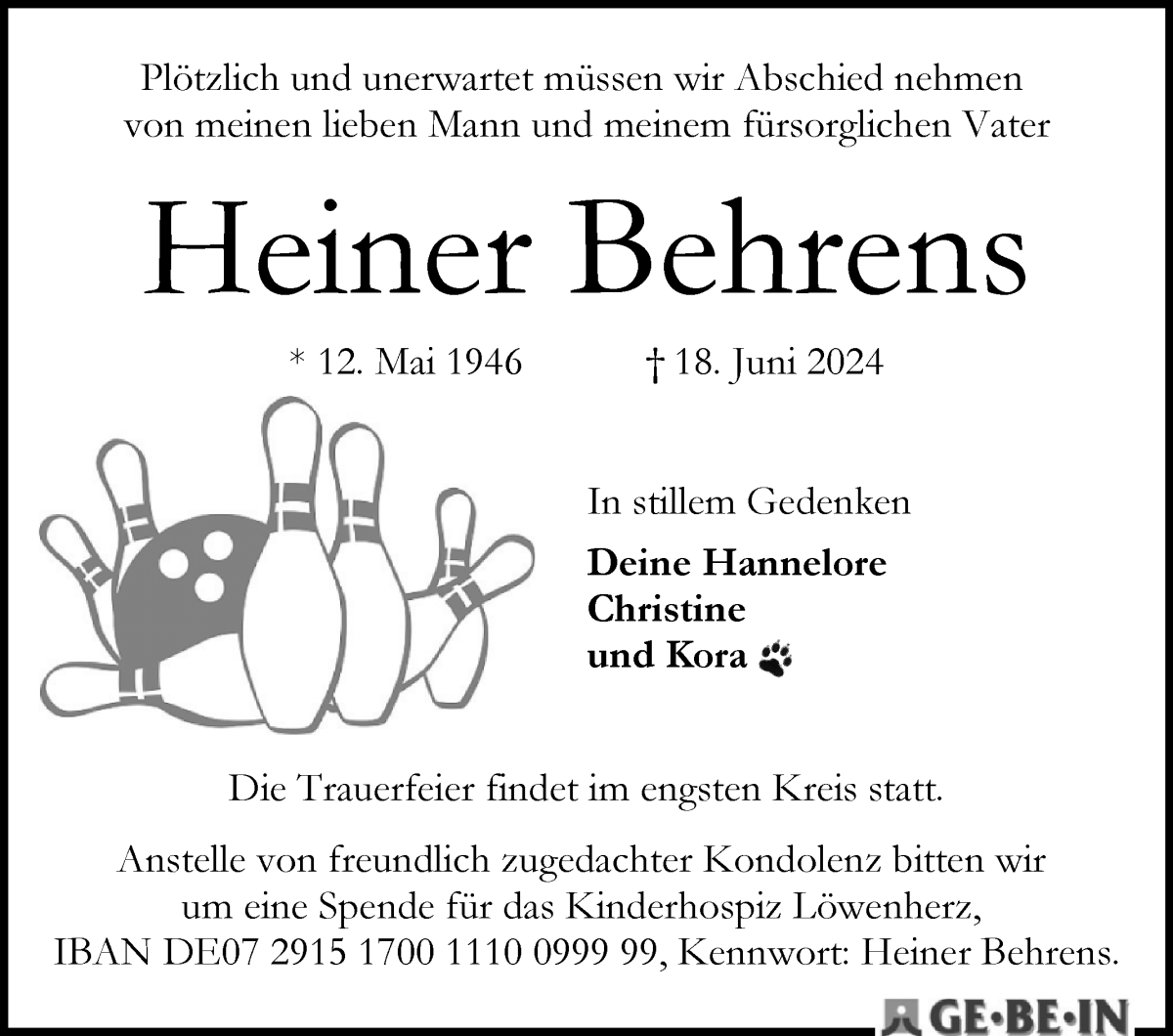Traueranzeige von Heinrich Behrens von WESER-KURIER
