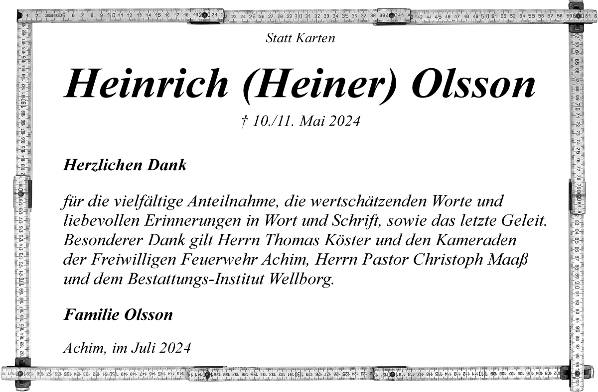 Traueranzeige von Heinrich Heiner Olsson von Achimer Kurier/Verdener Nachrichten