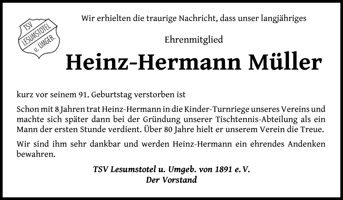 Traueranzeige von Heinz-Hermann Müller von Osterholzer Kreisblatt