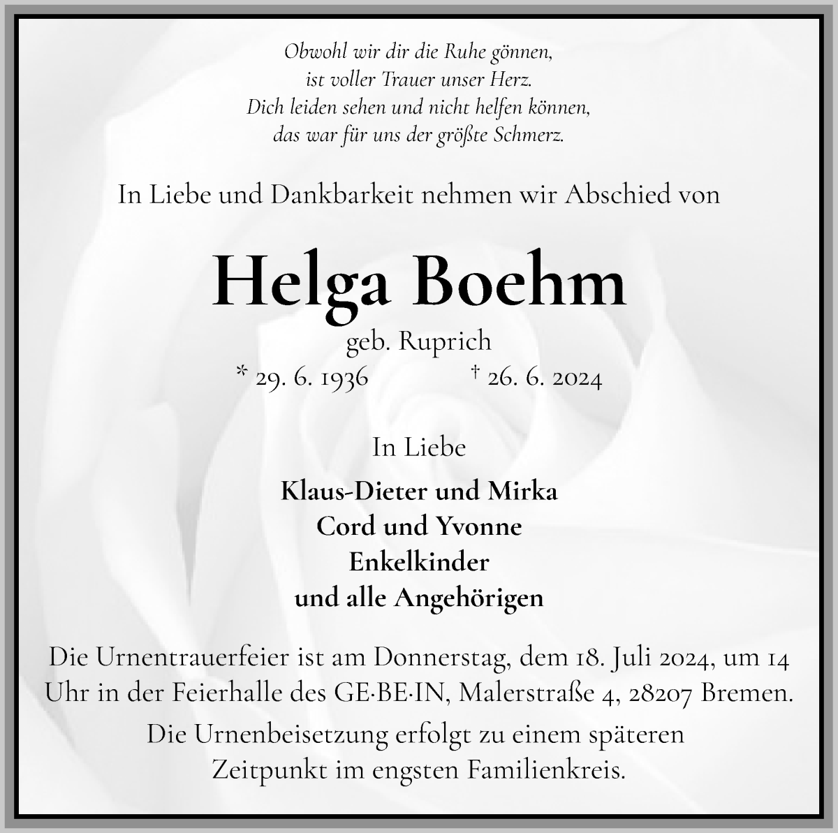 Traueranzeige von Helga Boehm von WESER-KURIER