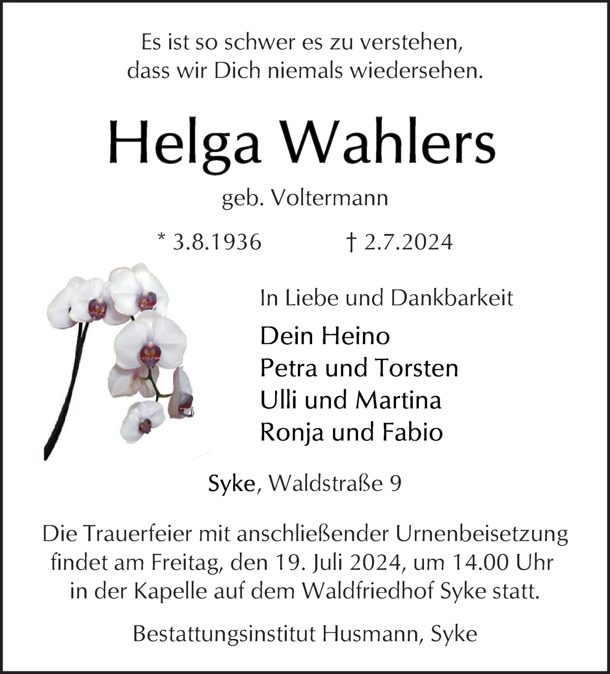 Traueranzeige von Helga Wahlers von WESER-KURIER