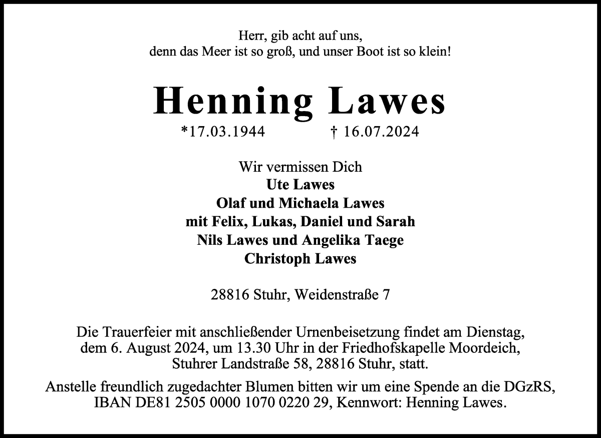 Traueranzeige von Henning Lawes von WESER-KURIER