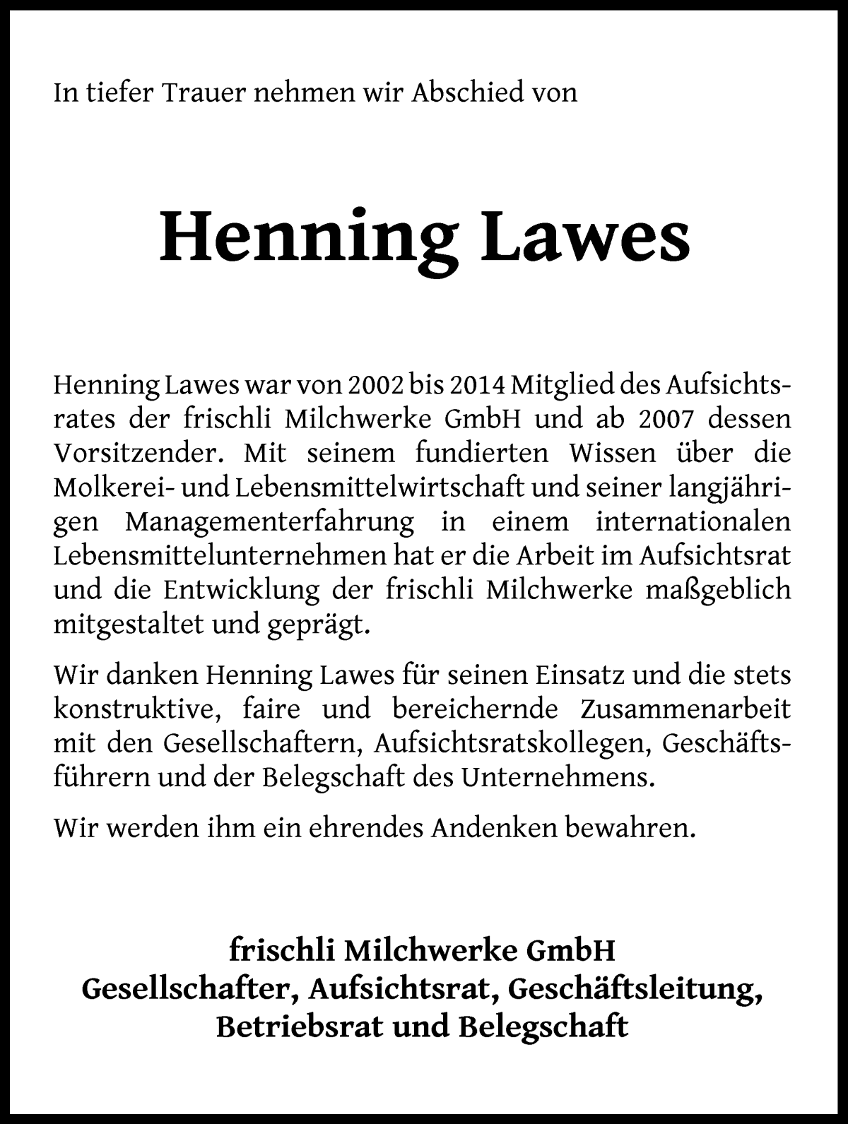 Traueranzeige von Henning Lawes von WESER-KURIER