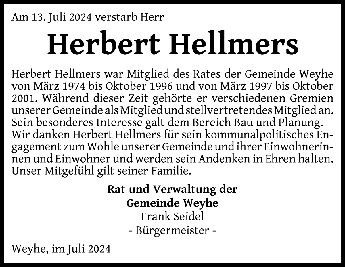 Traueranzeige von Herbert Hellmers von Regionale Rundschau/Syker Kurier
