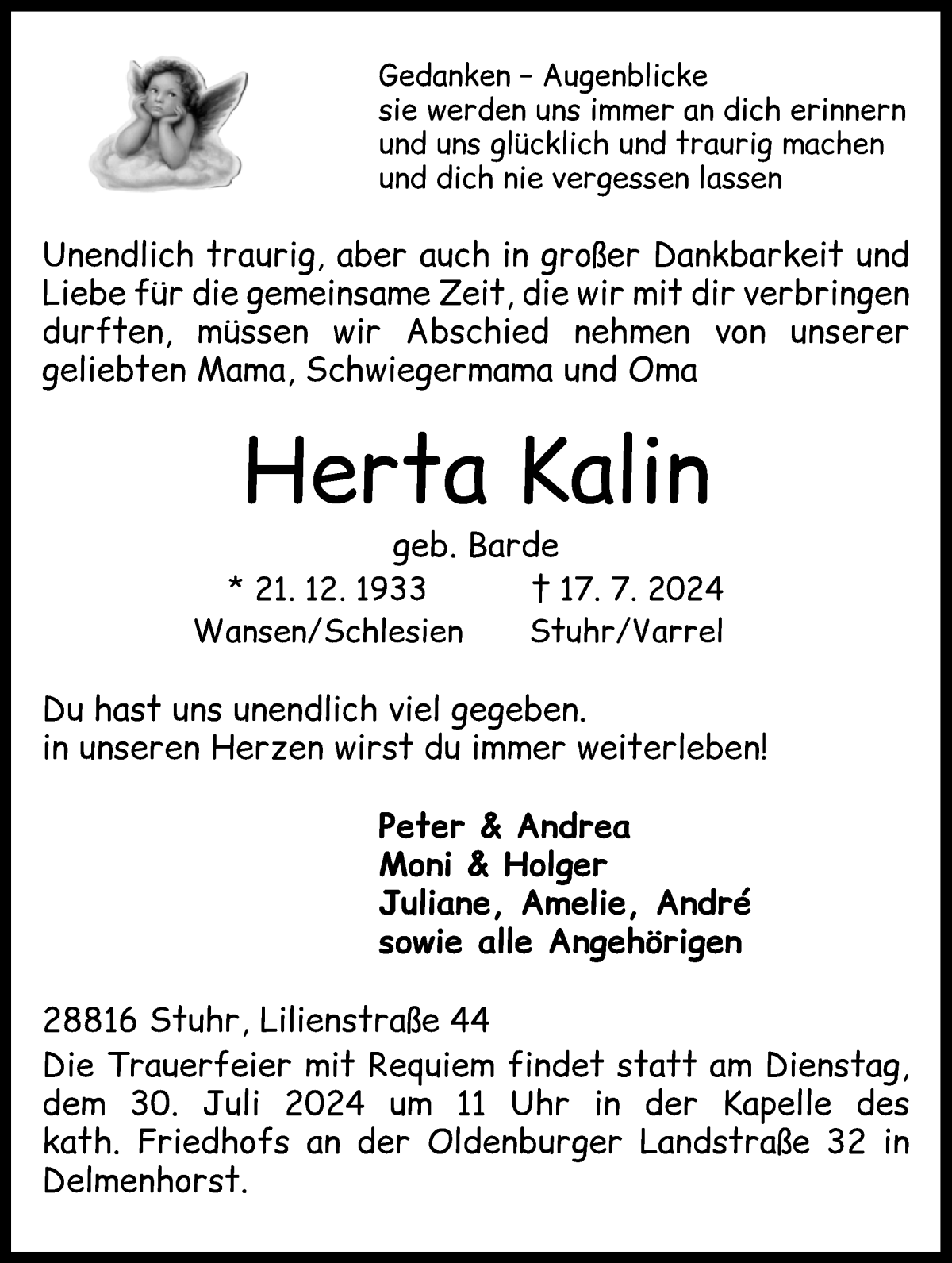 Traueranzeige von Herta Kalin von WESER-KURIER