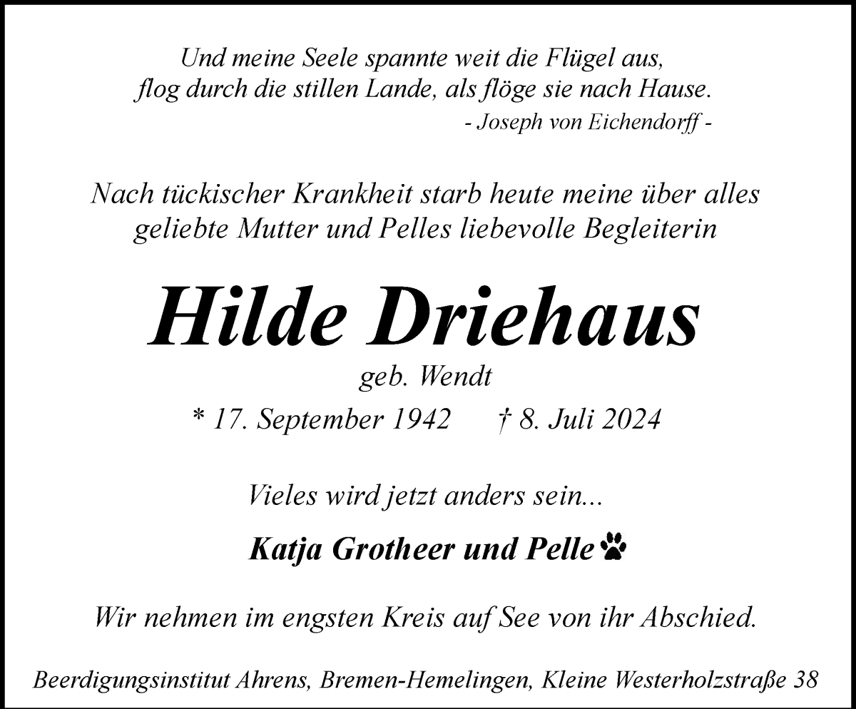 Traueranzeige von Hilde Driehaus von WESER-KURIER