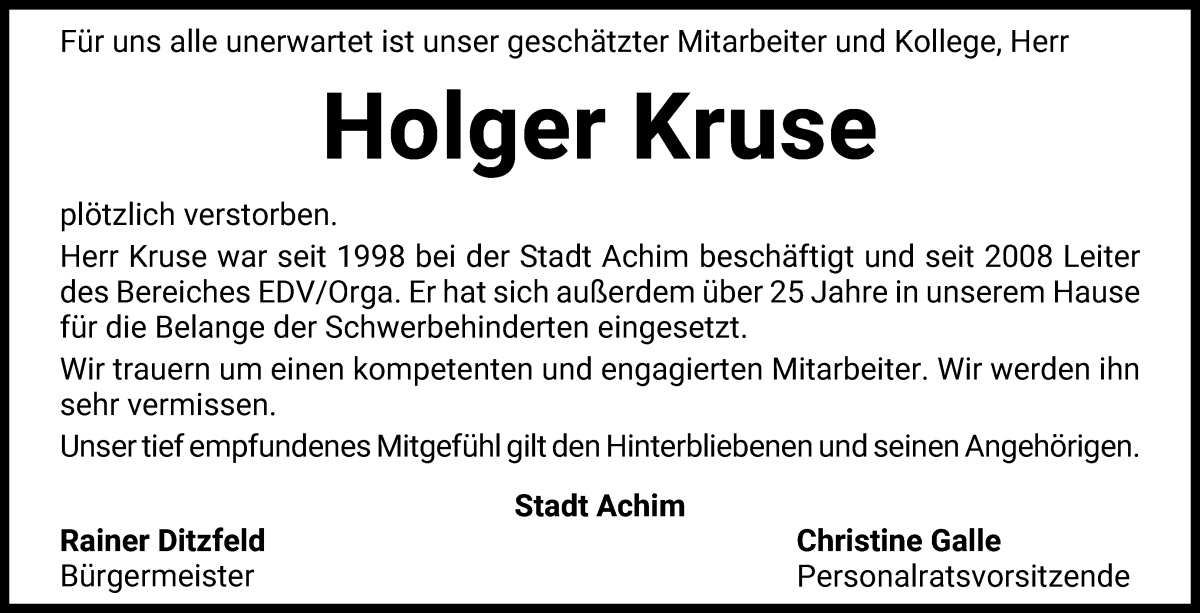 Traueranzeige von Holger Kruse von Achimer Kurier/Verdener Nachrichten