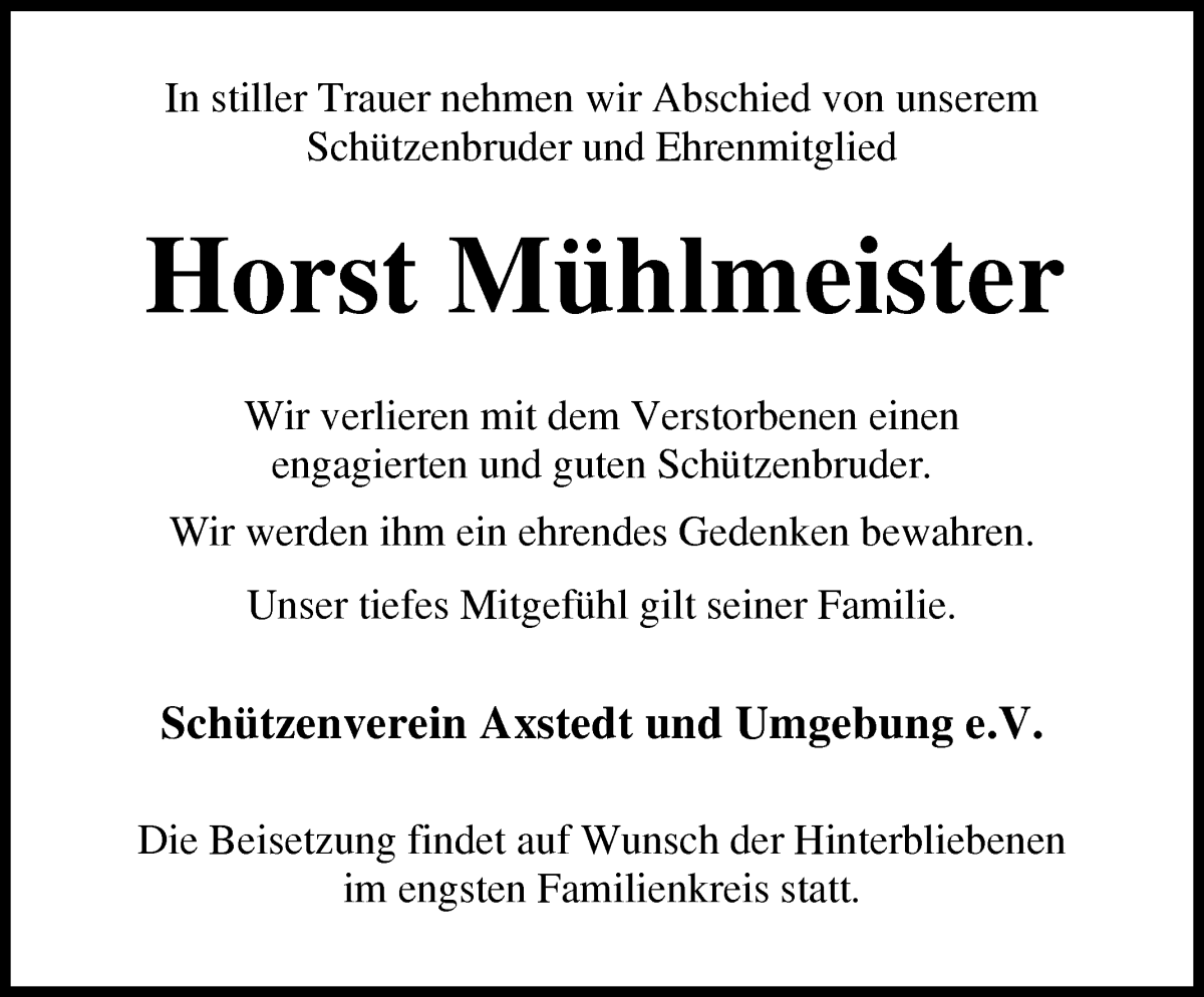 Traueranzeige von Horst Mühlmeister von Osterholzer Kreisblatt