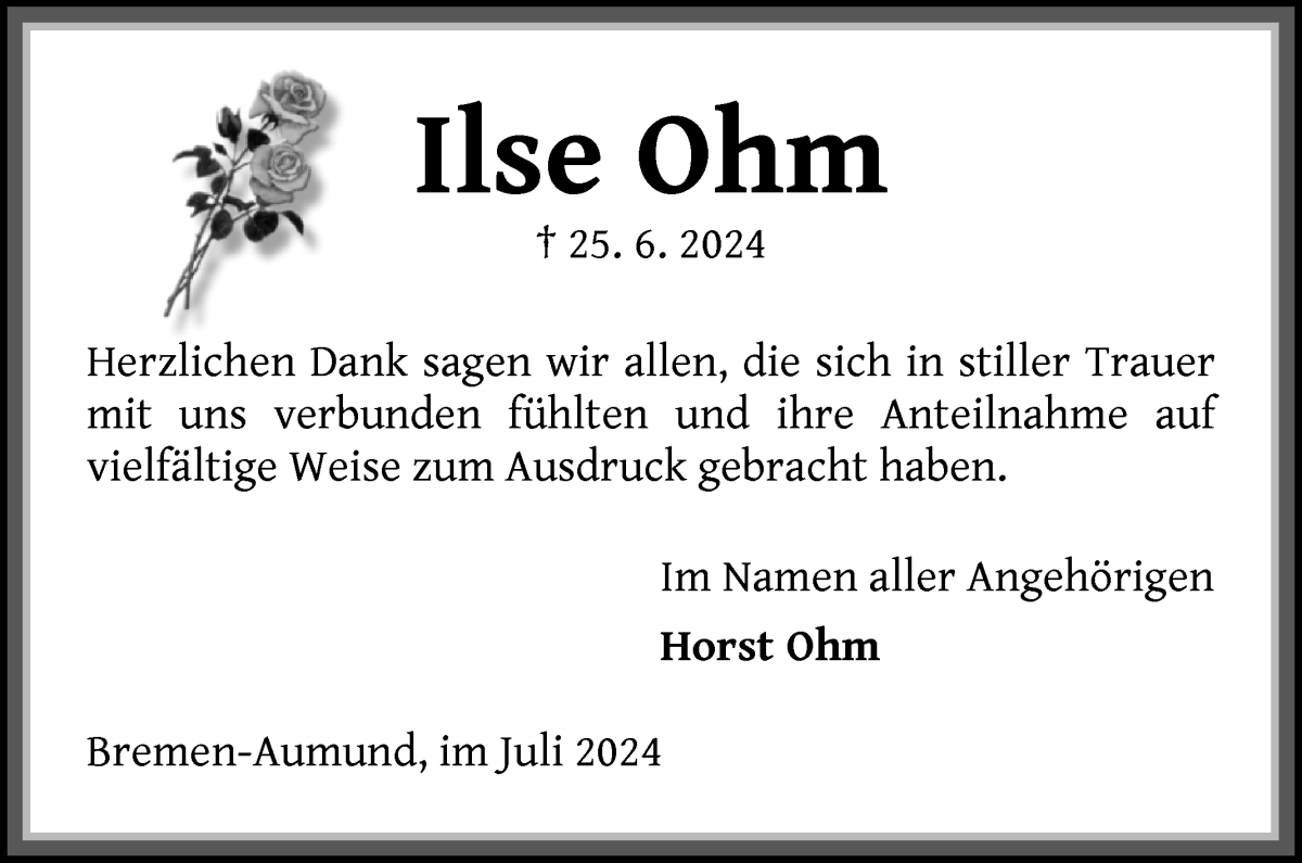 Traueranzeige von Ilse Ohm von Die Norddeutsche