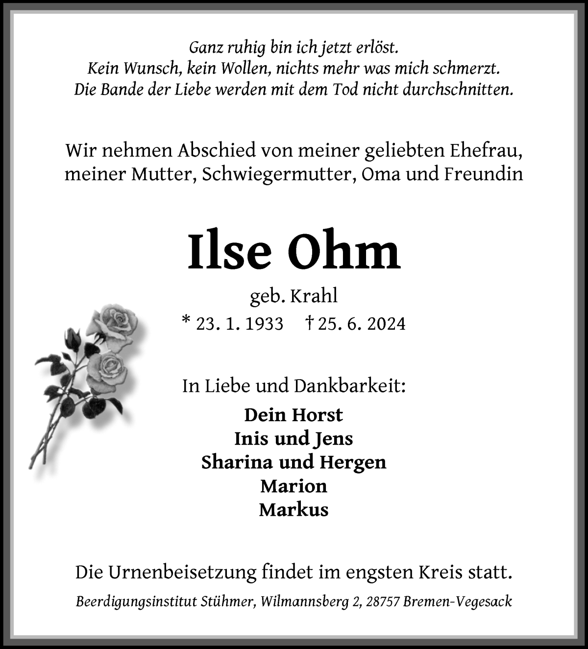 Traueranzeige von Ilse Ohm von Die Norddeutsche