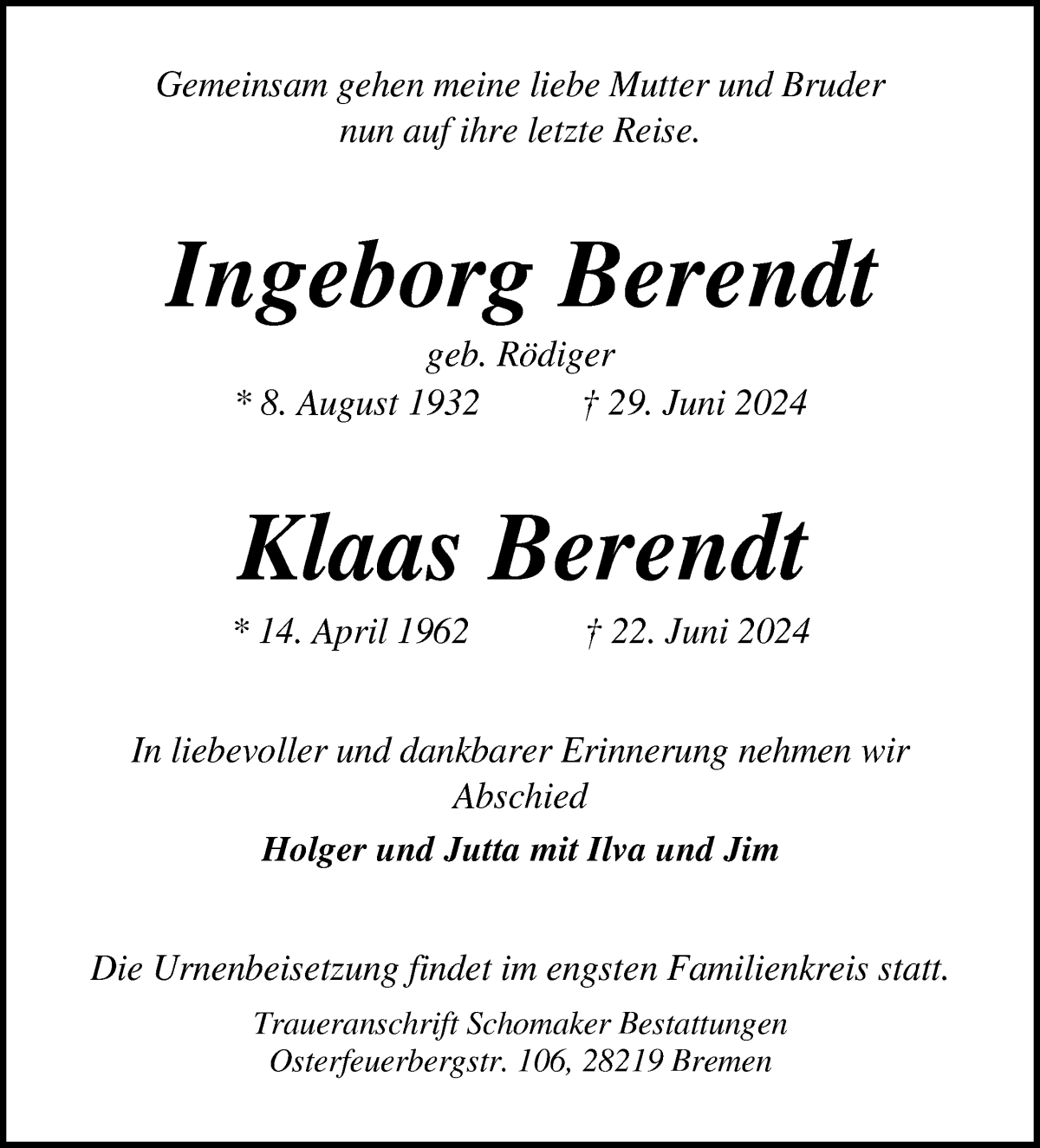 Traueranzeige von Ingeborg Berendt von WESER-KURIER