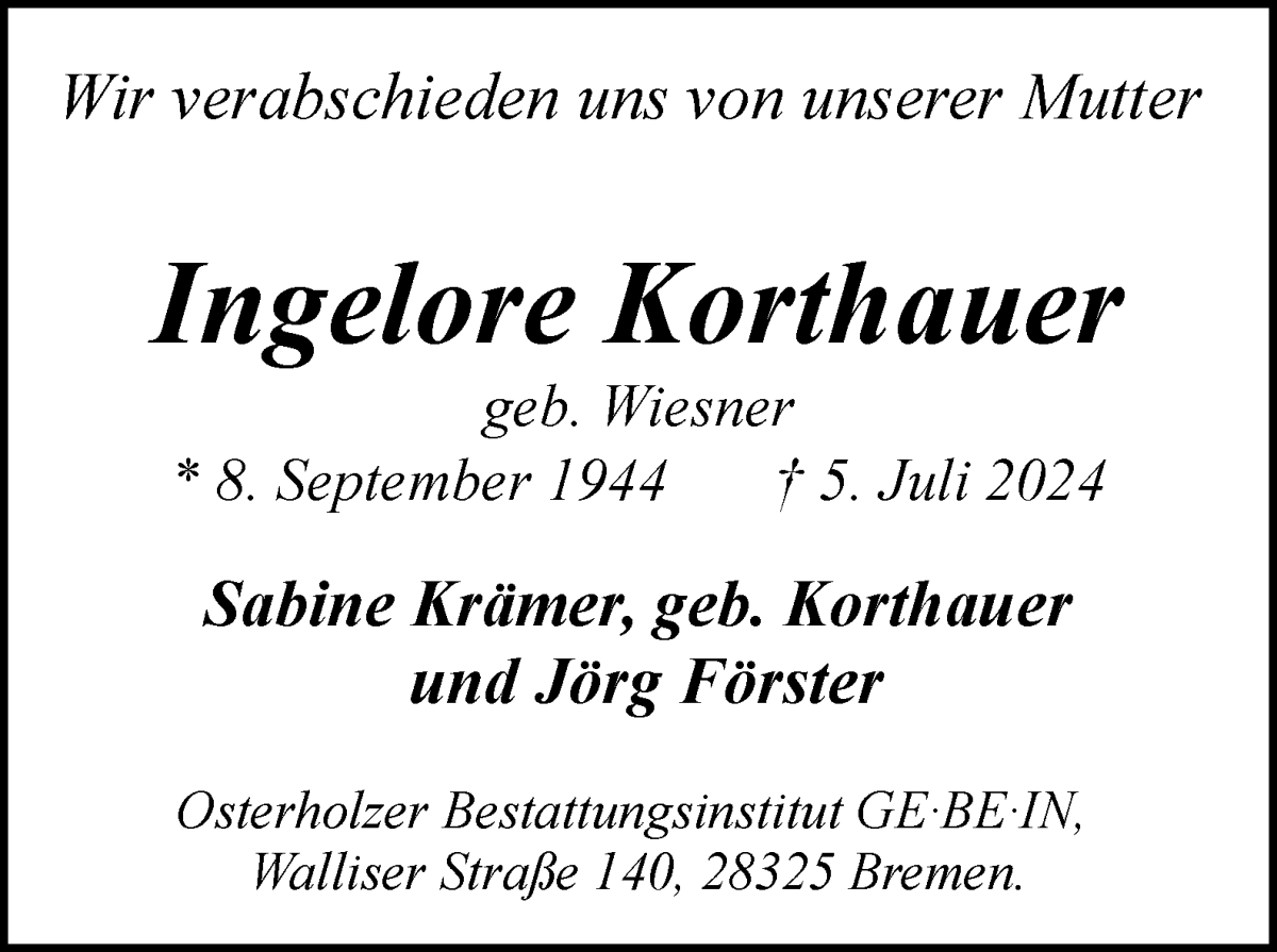 Traueranzeige von Ingelore Korthauer von WESER-KURIER