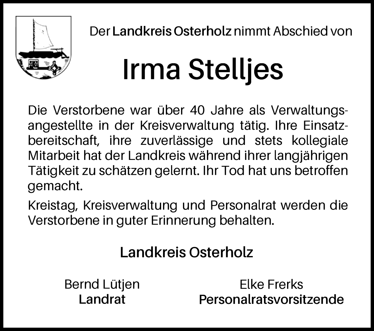 Traueranzeige von Irma Stelljes von Wuemme Zeitung