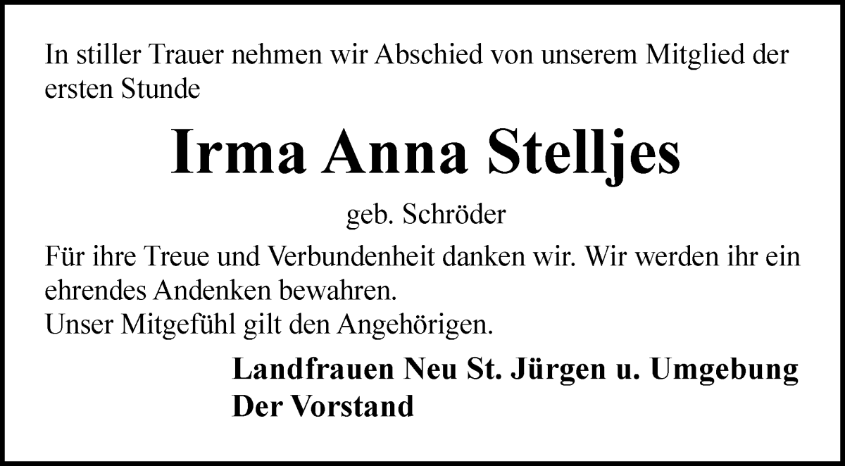 Traueranzeige von Irma Anna Stelljes von Wuemme Zeitung