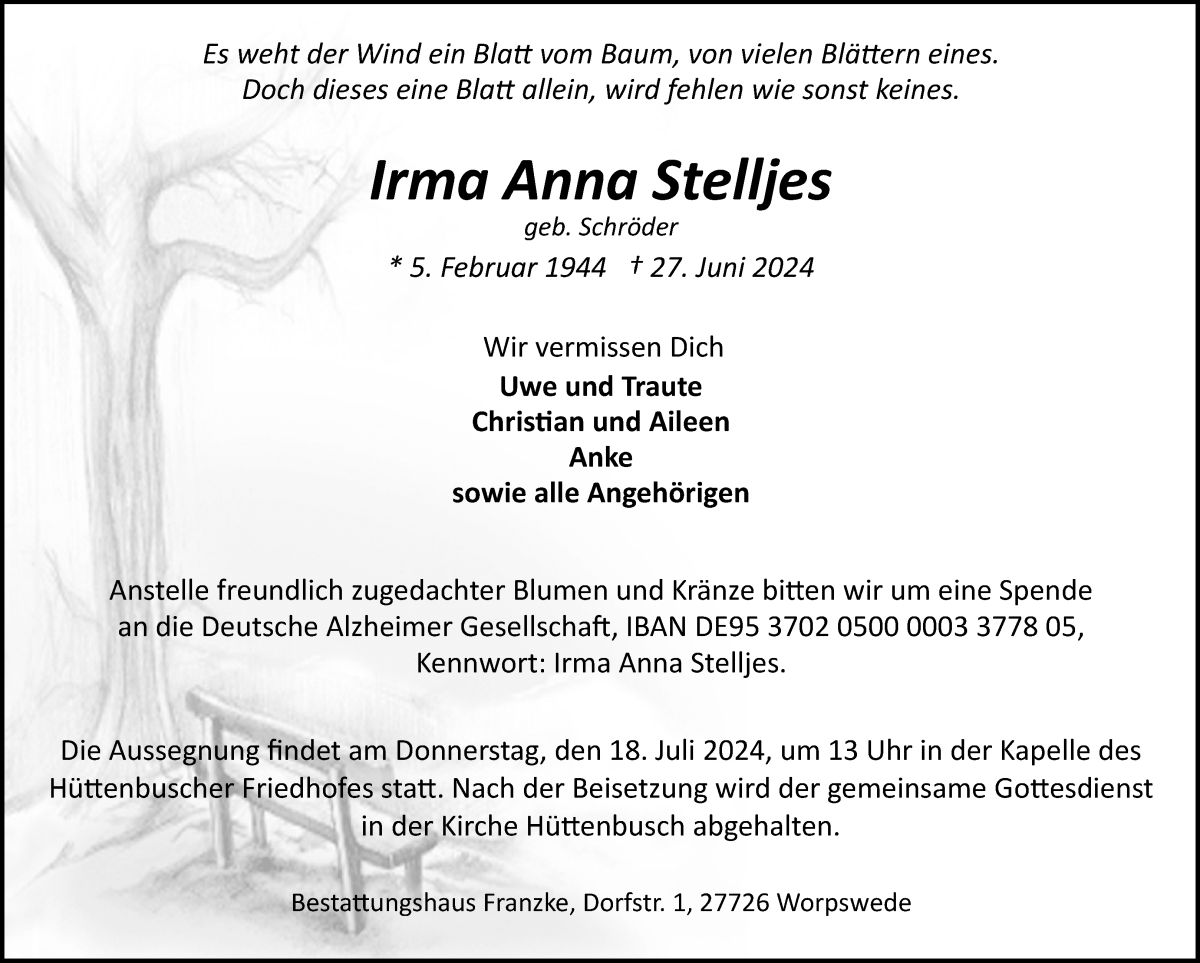 Traueranzeige von Irma Anna Stelljes von Wuemme Zeitung