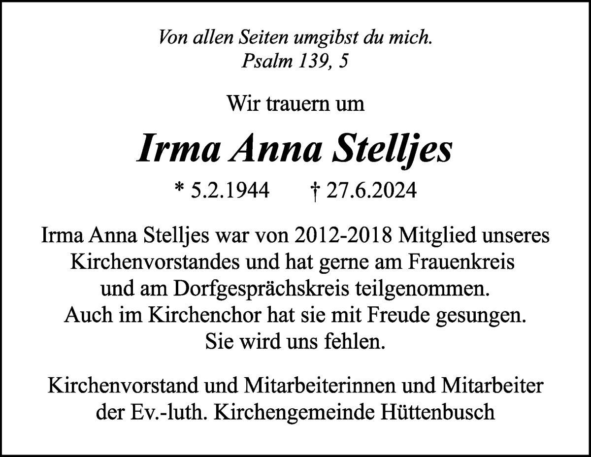 Traueranzeige von Irma Anna Stelljes von Wuemme Zeitung