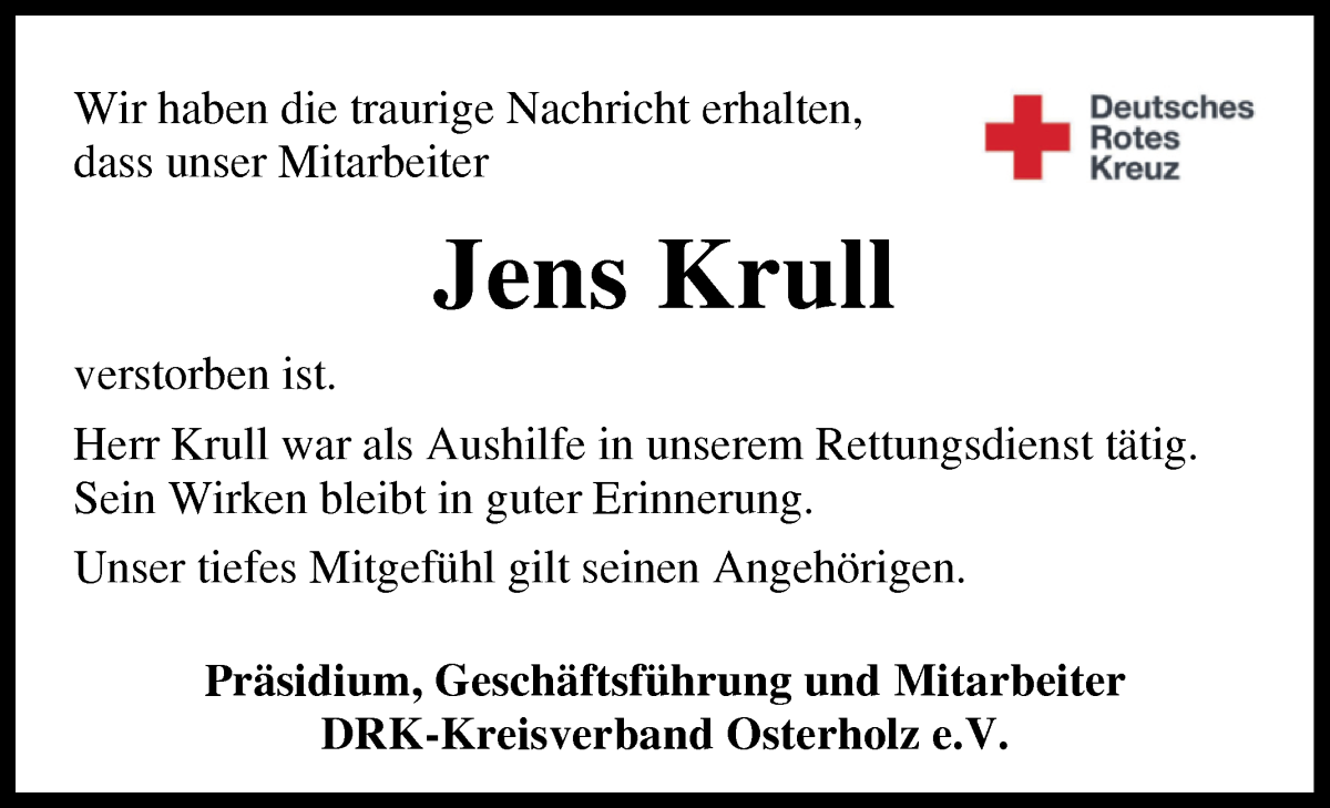 Traueranzeige von Jens Krull von Osterholzer Kreisblatt