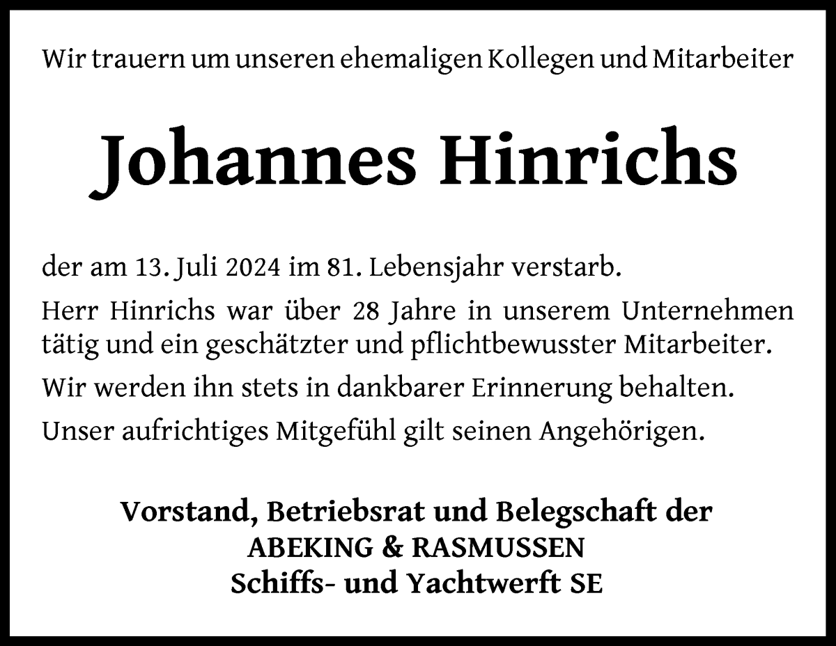 Traueranzeige von Johannes Hinrichs von Die Norddeutsche