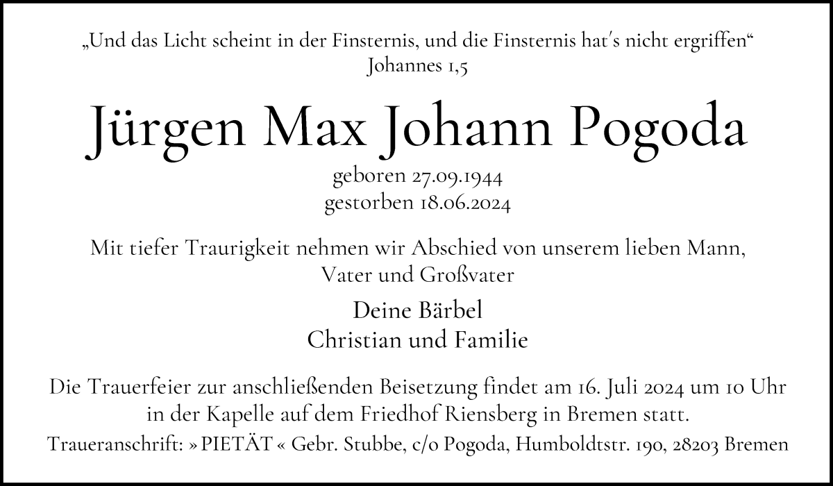 Traueranzeige von Jürgen Max Johann Pogoda von WESER-KURIER