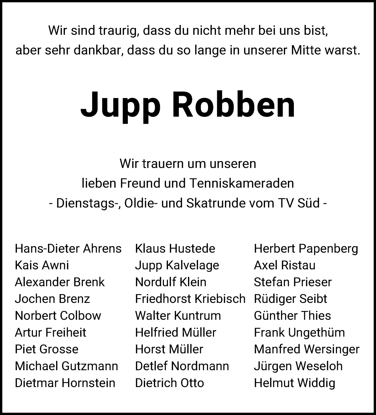 Traueranzeige von Jupp Robben von WESER-KURIER