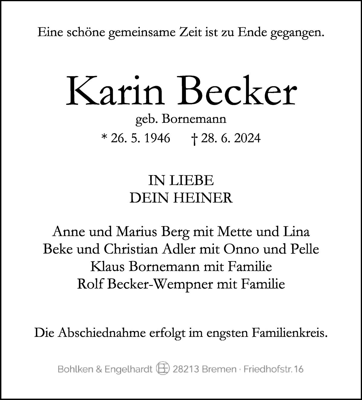 Traueranzeige von Karin Becker von WESER-KURIER