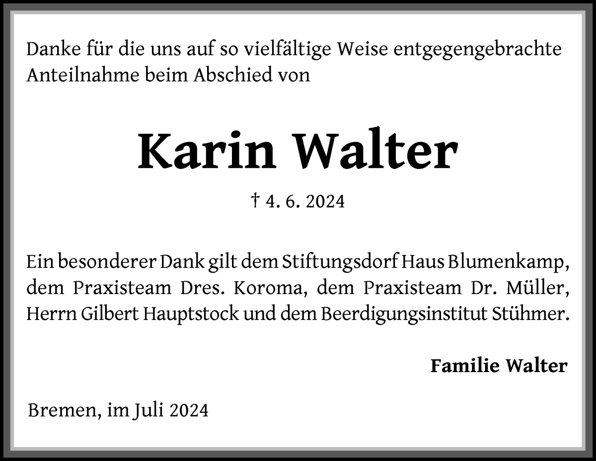 Traueranzeige von Karin Walter von Die Norddeutsche