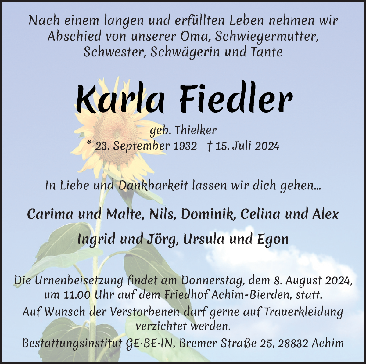 Traueranzeige von Karla Fiedler von WESER-KURIER