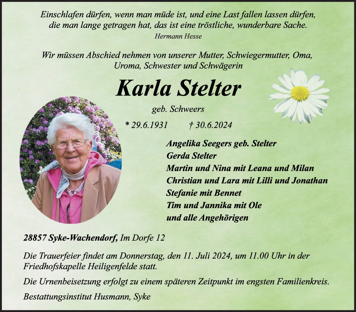 Traueranzeige von Karla Stelter von WESER-KURIER