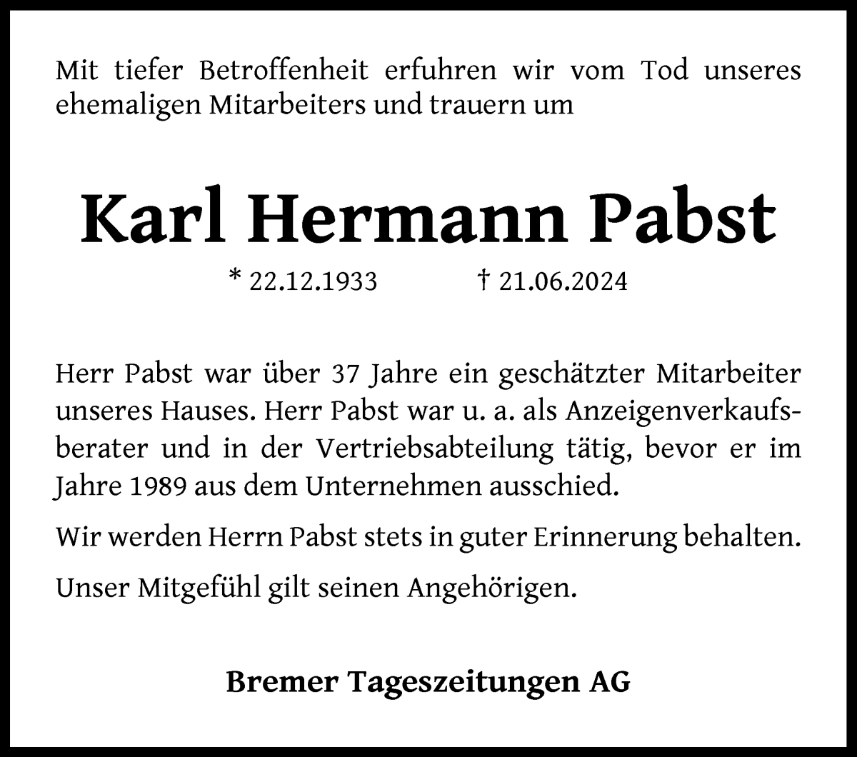 Traueranzeige von Karl Hermann Pabst von WESER-KURIER