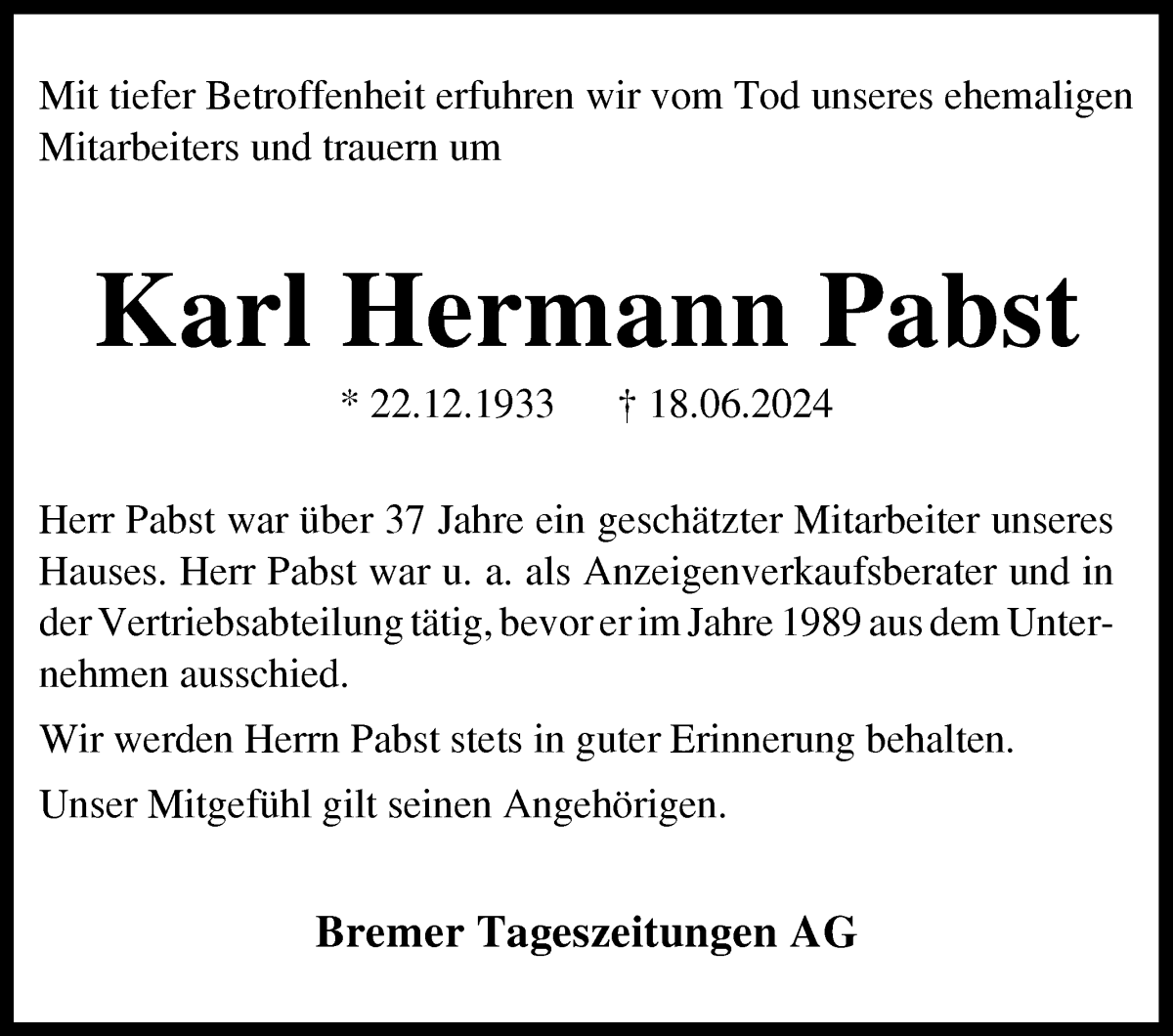 Traueranzeige von Karl Hermann Pabst von WESER-KURIER